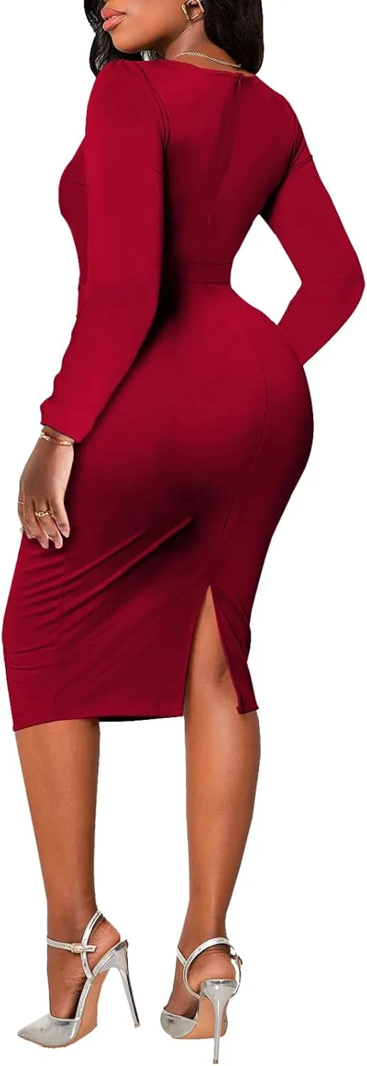PaladMom Women's Elegant Long Sleeve Dresses for Work Casual Pencil Dress Sexy Business Dress Formal Cocktail Dress
