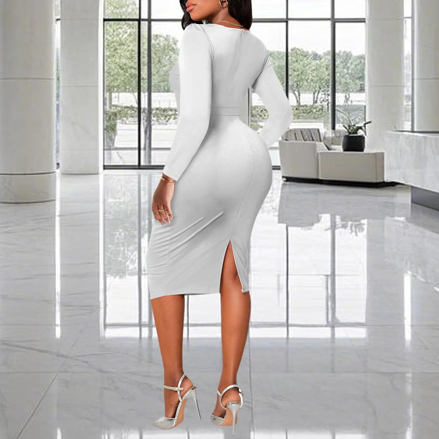 PaladMom Women's Elegant Long Sleeve Dresses for Work Casual Pencil Dress Sexy Business Dress Formal Cocktail Dress