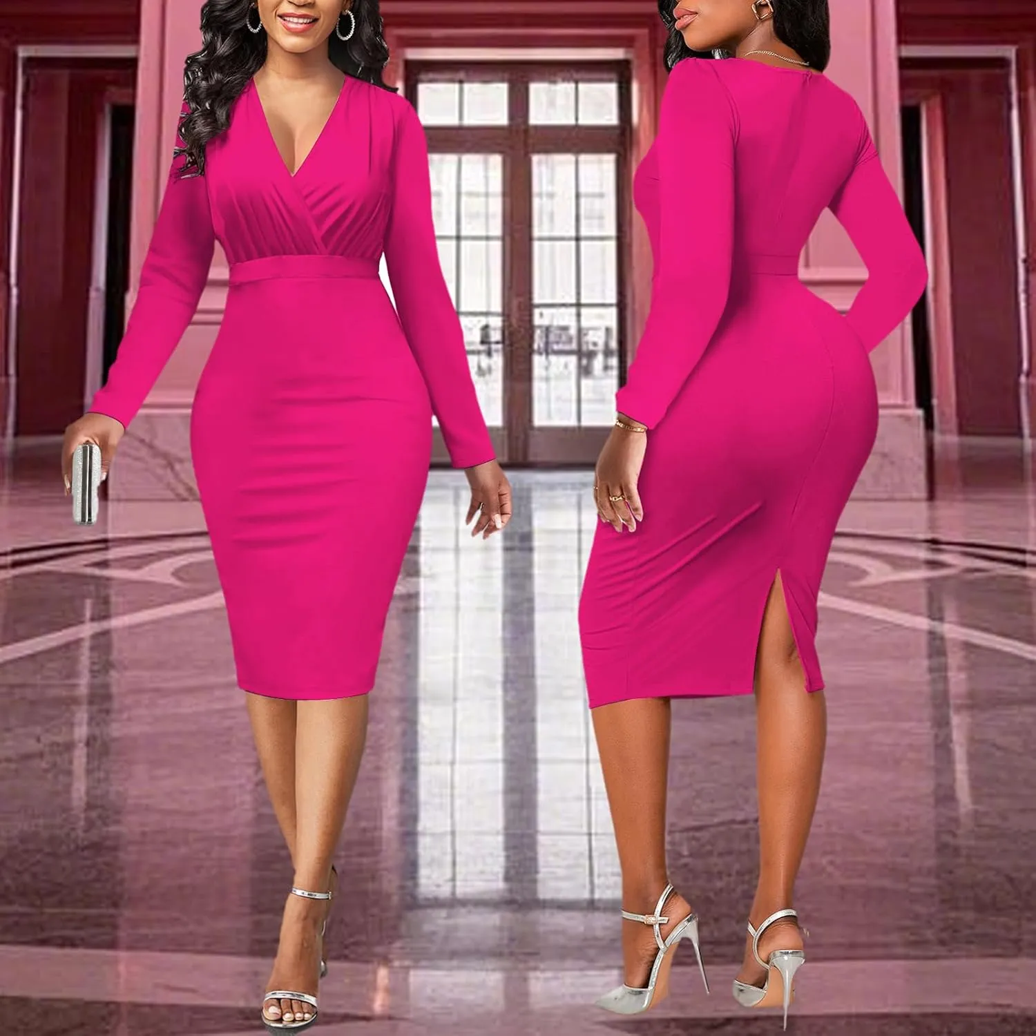 PaladMom Women's Elegant Long Sleeve Dresses for Work Casual Pencil Dress Sexy Business Dress Formal Cocktail Dress