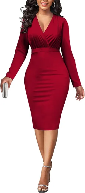 PaladMom Women's Elegant Long Sleeve Dresses for Work Casual Pencil Dress Sexy Business Dress Formal Cocktail Dress