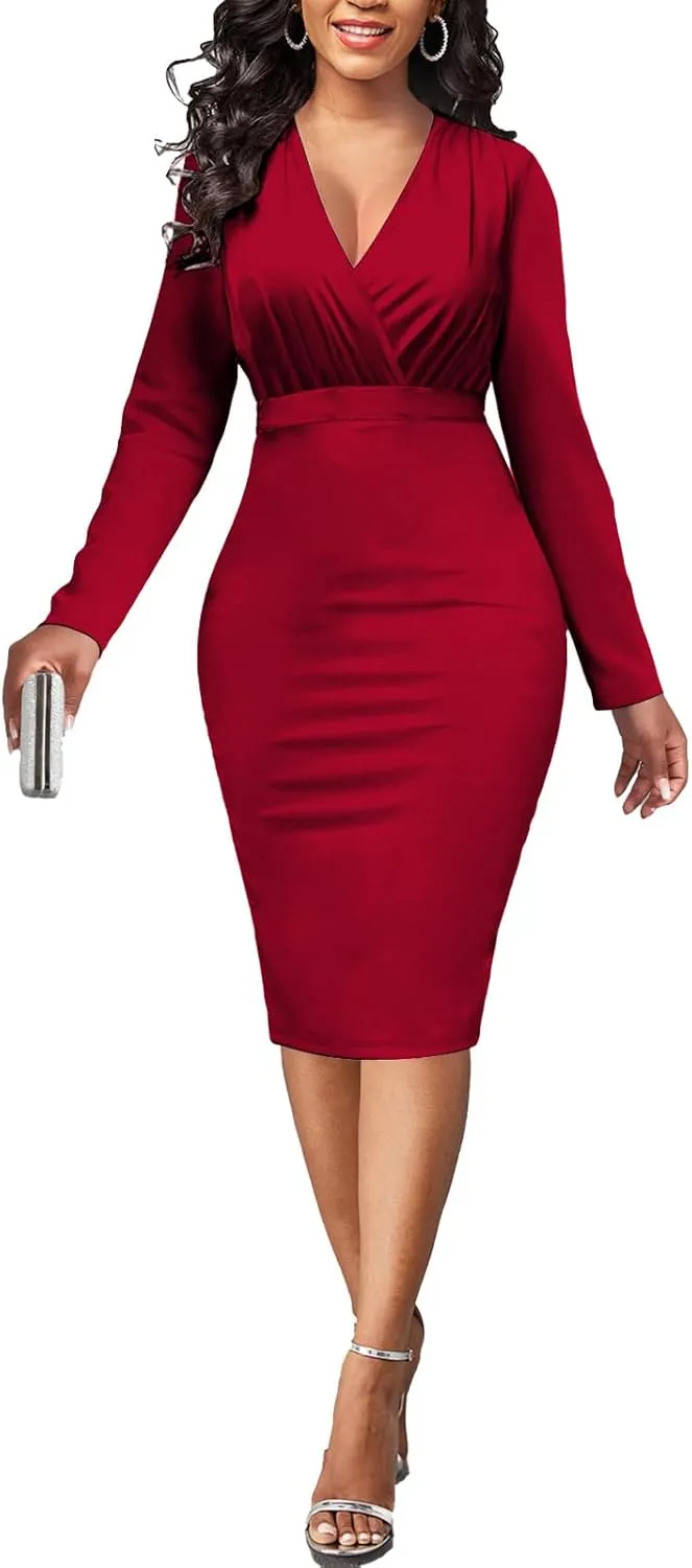 PaladMom Women's Elegant Long Sleeve Dresses for Work Casual Pencil Dress Sexy Business Dress Formal Cocktail Dress