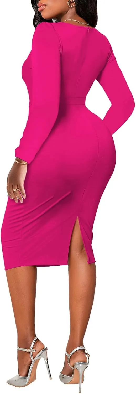 PaladMom Women's Elegant Long Sleeve Dresses for Work Casual Pencil Dress Sexy Business Dress Formal Cocktail Dress