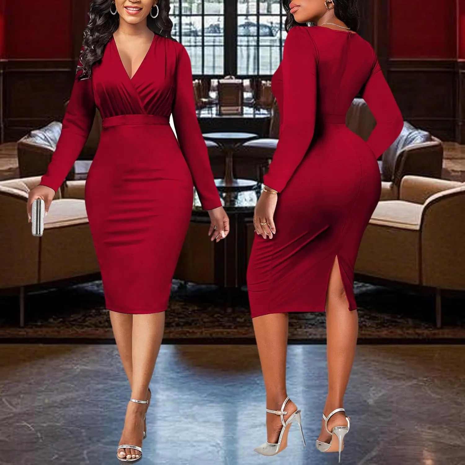 PaladMom Women's Elegant Long Sleeve Dresses for Work Casual Pencil Dress Sexy Business Dress Formal Cocktail Dress