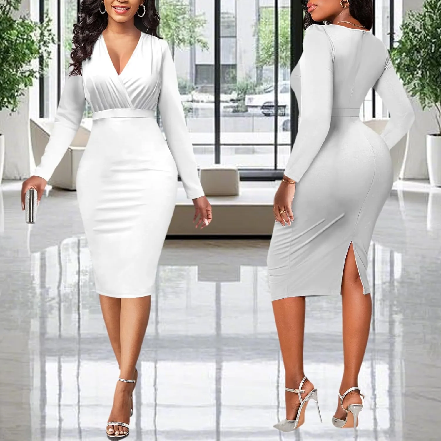 PaladMom Women's Elegant Long Sleeve Dresses for Work Casual Pencil Dress Sexy Business Dress Formal Cocktail Dress