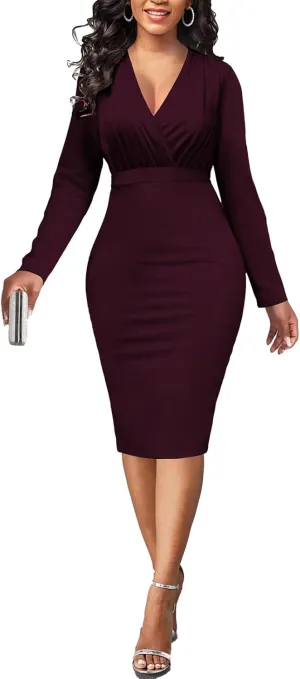 PaladMom Women's Elegant Long Sleeve Dresses for Work Casual Pencil Dress Sexy Business Dress Formal Cocktail Dress