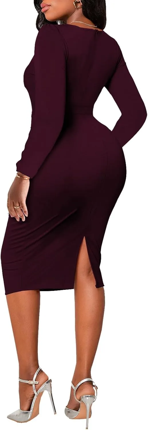 PaladMom Women's Elegant Long Sleeve Dresses for Work Casual Pencil Dress Sexy Business Dress Formal Cocktail Dress
