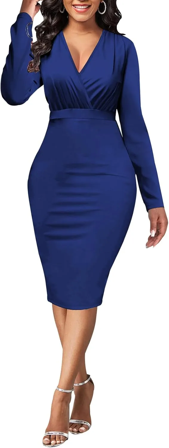 PaladMom Women's Elegant Long Sleeve Dresses for Work Casual Pencil Dress Sexy Business Dress Formal Cocktail Dress