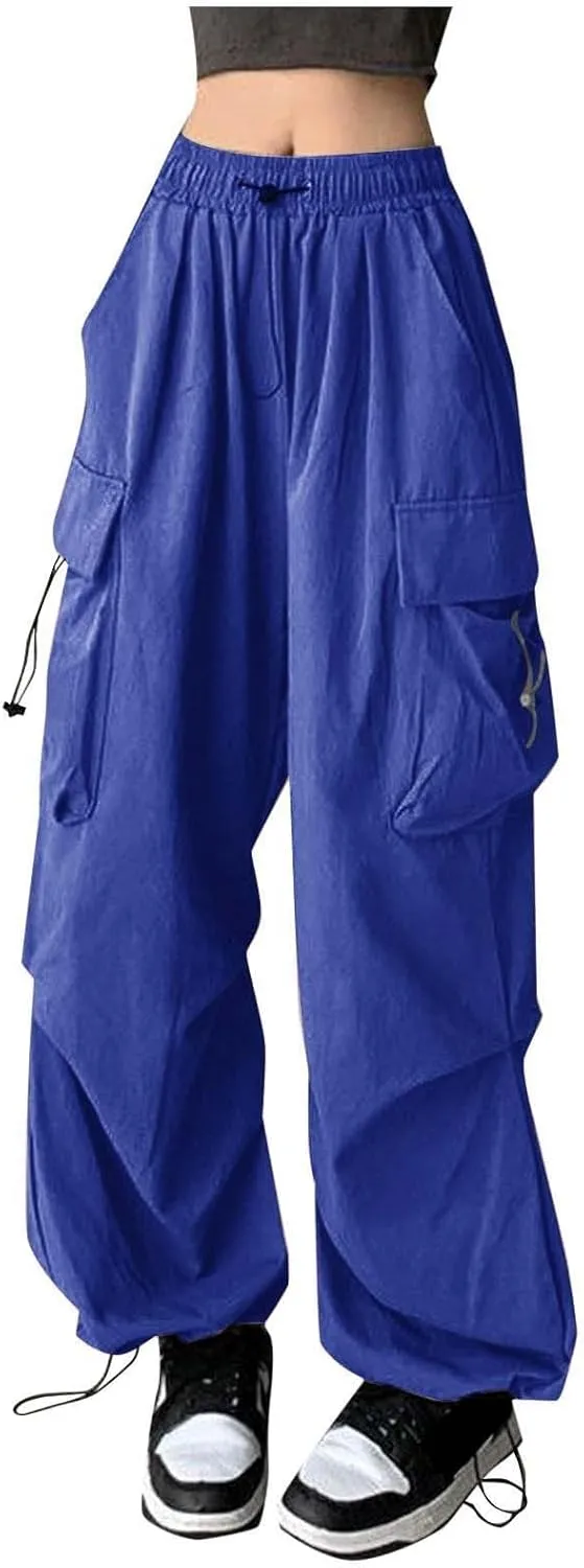 Parachute Pants Woman Elastic High Waisted Wide Leg Pants Y2k Hip Hop Lightweight Cargo Work Pants with Pockets