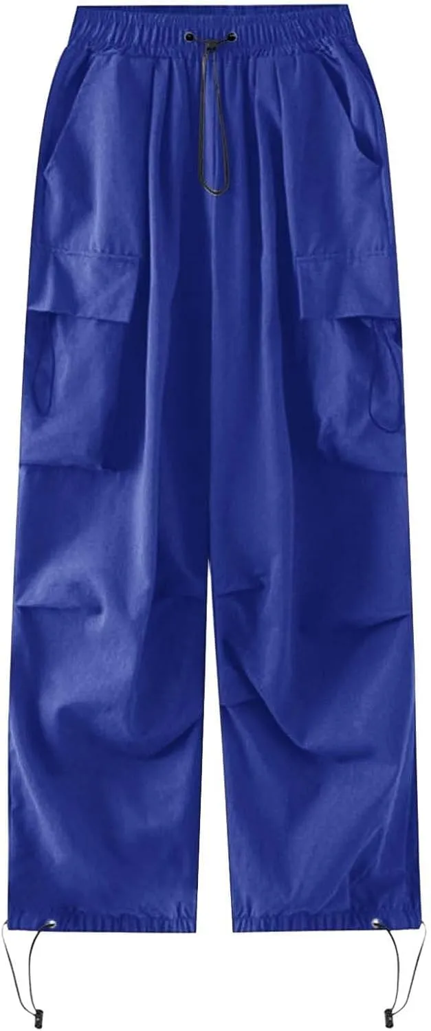 Parachute Pants Woman Elastic High Waisted Wide Leg Pants Y2k Hip Hop Lightweight Cargo Work Pants with Pockets
