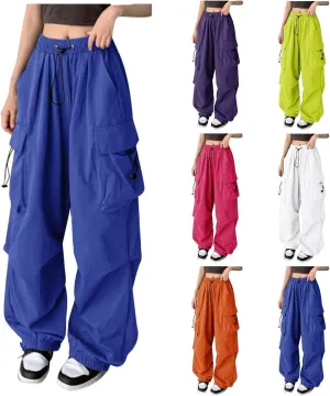 Parachute Pants Woman Elastic High Waisted Wide Leg Pants Y2k Hip Hop Lightweight Cargo Work Pants with Pockets