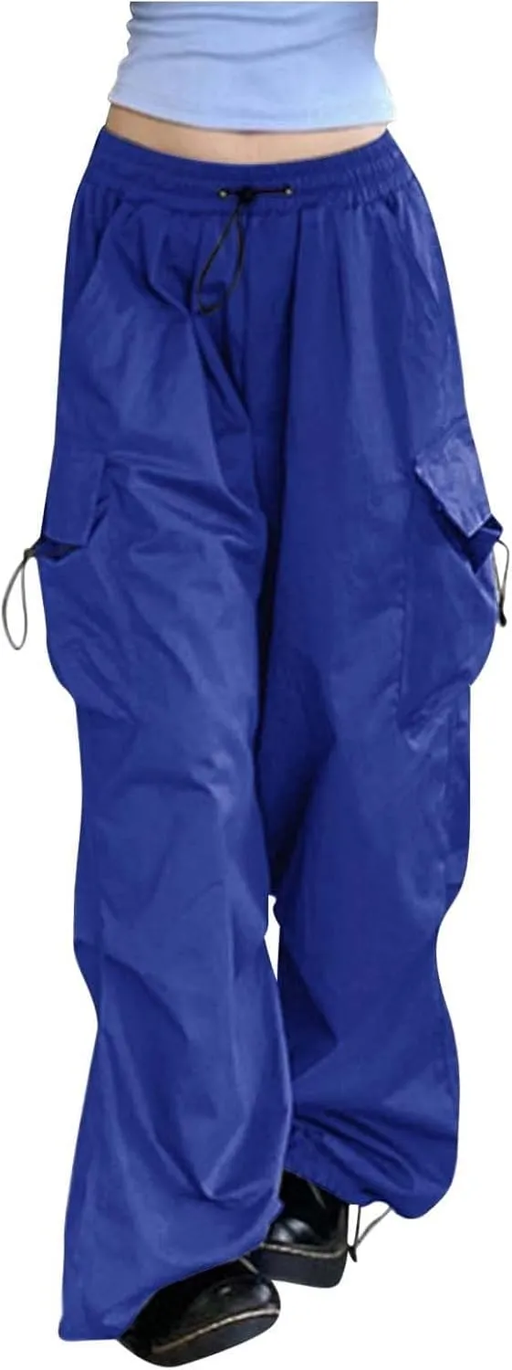 Parachute Pants Woman Elastic High Waisted Wide Leg Pants Y2k Hip Hop Lightweight Cargo Work Pants with Pockets