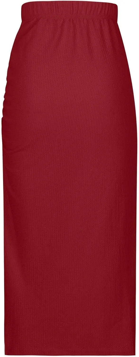 Pencil Midi Skirt for Women Summer High Waist Ruched Stretchy Bodycon Skirts Casual Solid Split Side Business Skirt