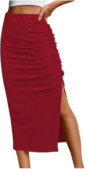 Pencil Midi Skirt for Women Summer High Waist Ruched Stretchy Bodycon Skirts Casual Solid Split Side Business Skirt