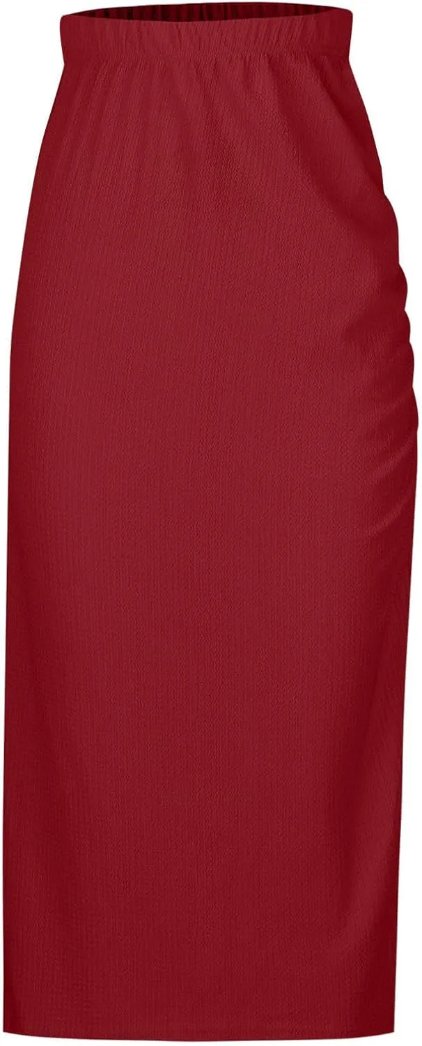 Pencil Midi Skirt for Women Summer High Waist Ruched Stretchy Bodycon Skirts Casual Solid Split Side Business Skirt