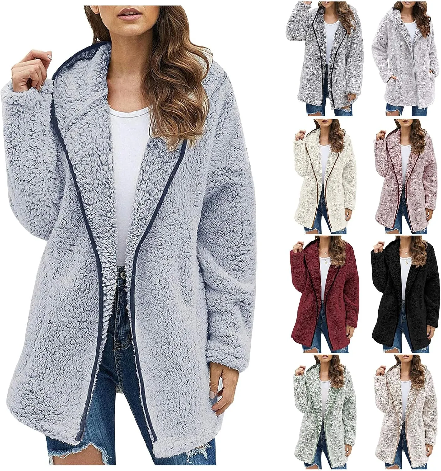 PETYCZEN Winter Coats for Women,Fuzzy Sherpa Lapel Open Front Long Cardigan Coat Fleece Lined Zip Up Hooded Jackets Outerwear