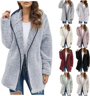 PETYCZEN Winter Coats for Women,Fuzzy Sherpa Lapel Open Front Long Cardigan Coat Fleece Lined Zip Up Hooded Jackets Outerwear