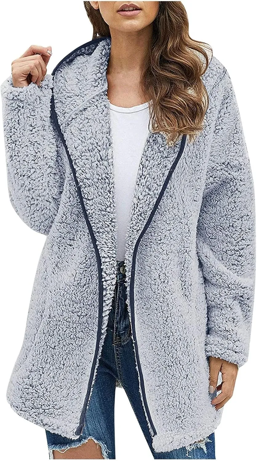 PETYCZEN Winter Coats for Women,Fuzzy Sherpa Lapel Open Front Long Cardigan Coat Fleece Lined Zip Up Hooded Jackets Outerwear