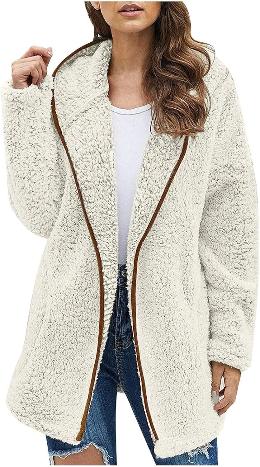 PETYCZEN Winter Coats for Women,Fuzzy Sherpa Lapel Open Front Long Cardigan Coat Fleece Lined Zip Up Hooded Jackets Outerwear