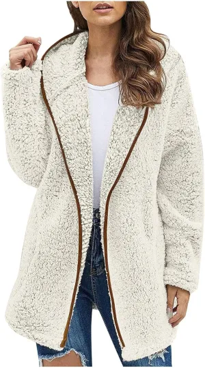 PETYCZEN Winter Coats for Women,Fuzzy Sherpa Lapel Open Front Long Cardigan Coat Fleece Lined Zip Up Hooded Jackets Outerwear
