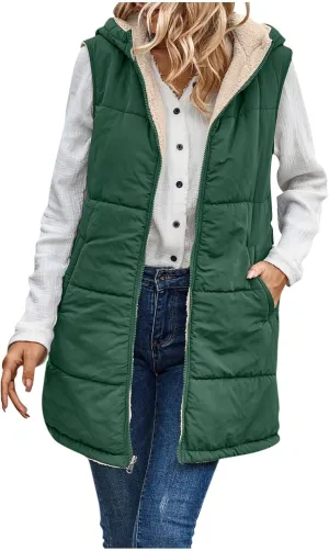 PETYCZEN Women's Puffer Vest Sleeveless Fleece Zip Up Hoodie Jackets with Pockets Lightweight Down Jacket Long Winter Coats