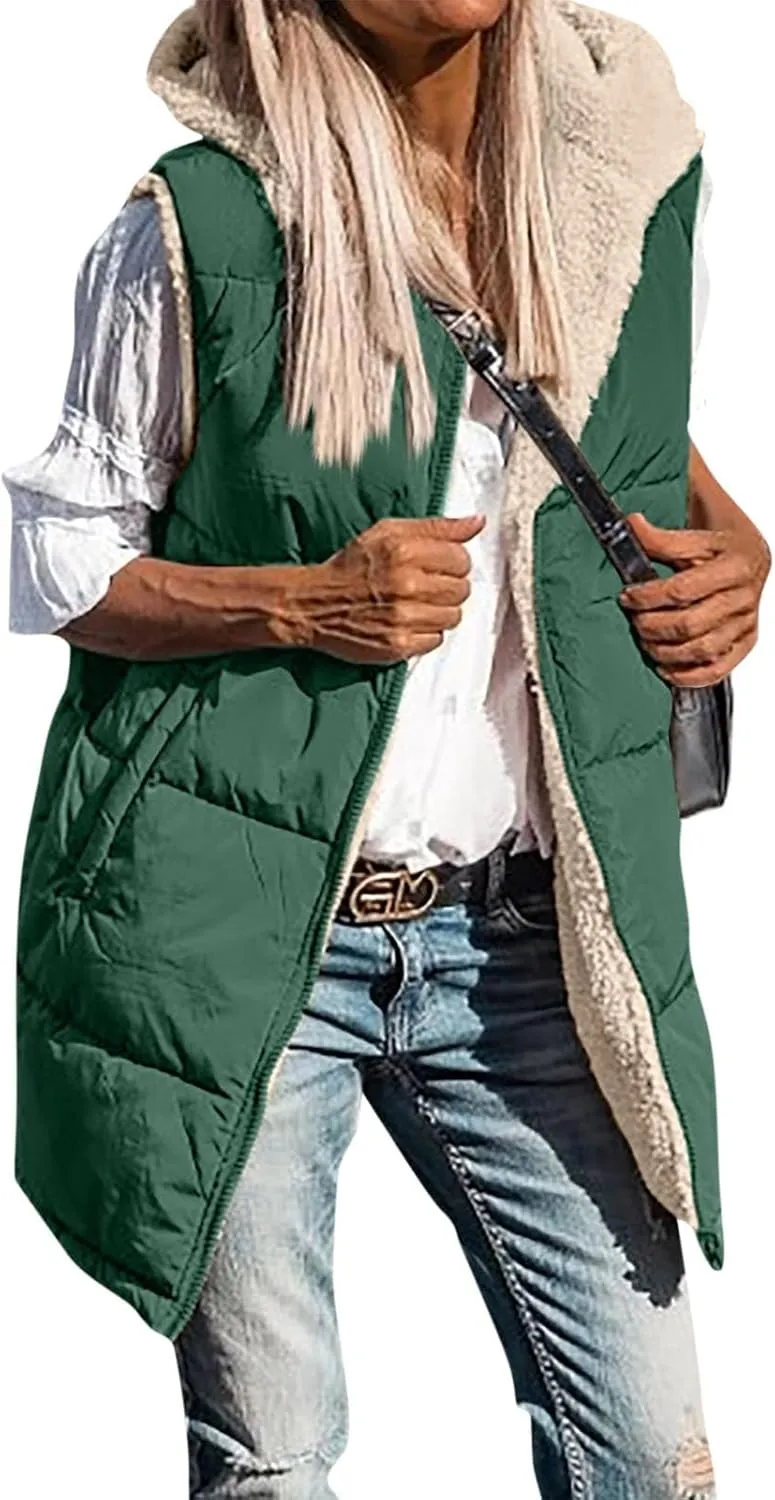 PETYCZEN Women's Puffer Vest Sleeveless Fleece Zip Up Hoodie Jackets with Pockets Lightweight Down Jacket Long Winter Coats