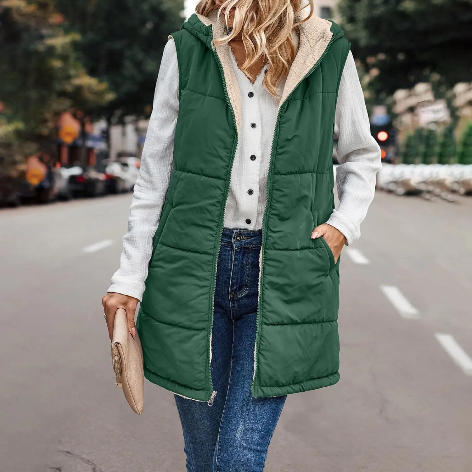 PETYCZEN Women's Puffer Vest Sleeveless Fleece Zip Up Hoodie Jackets with Pockets Lightweight Down Jacket Long Winter Coats
