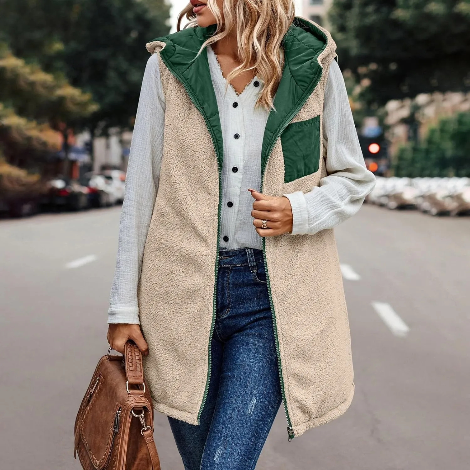 PETYCZEN Women's Puffer Vest Sleeveless Fleece Zip Up Hoodie Jackets with Pockets Lightweight Down Jacket Long Winter Coats