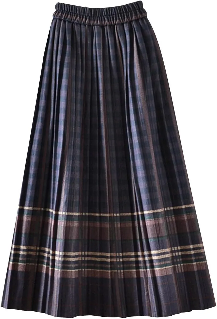 Plaid Skirt for Women's Vintage High Waist Wool Blend A-Line Skirts Trendy Elastic Waist Ruffle Long Maxi Skirt