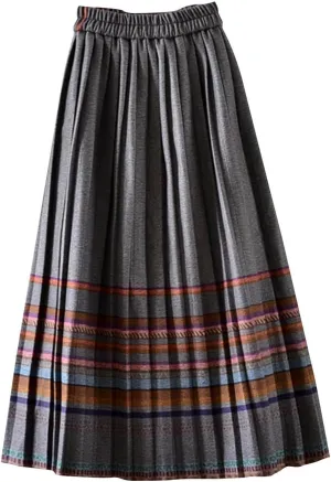 Plaid Skirt for Women's Vintage High Waist Wool Blend A-Line Skirts Trendy Elastic Waist Ruffle Long Maxi Skirt