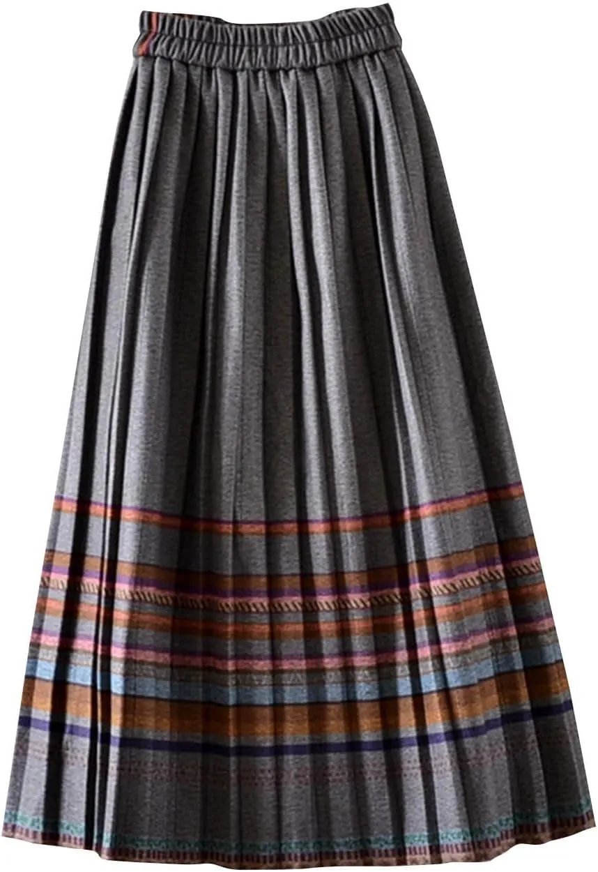 Plaid Skirt for Women's Vintage High Waist Wool Blend A-Line Skirts Trendy Elastic Waist Ruffle Long Maxi Skirt