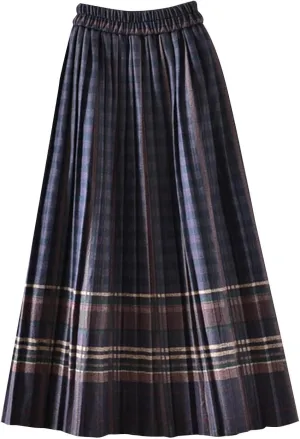 Plaid Skirt for Women's Vintage High Waist Wool Blend A-Line Skirts Trendy Elastic Waist Ruffle Long Maxi Skirt