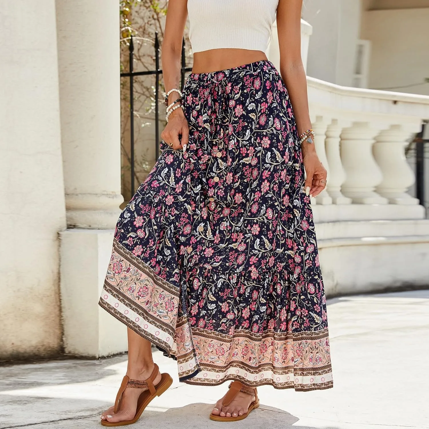 Pleated Skirts for Women,Wrap Drawstring Tiered Flowy Maxi Skirts 2025 Trendy Casual Long Boho Skirt Spring Summer