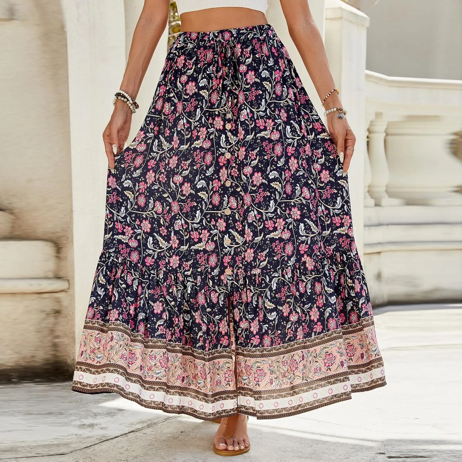 Pleated Skirts for Women,Wrap Drawstring Tiered Flowy Maxi Skirts 2025 Trendy Casual Long Boho Skirt Spring Summer
