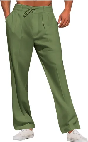 Plus Size Linen Pants for Men Casual Elastic Waist Lightweight Loose Fit Trousers Solid Business Wide Leg Suit Pant