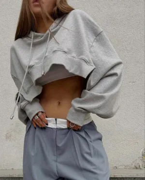 Remidoo Women Side Slit Long Sleeve Crop Top Hoodie Casual Oversized Sweatshirt