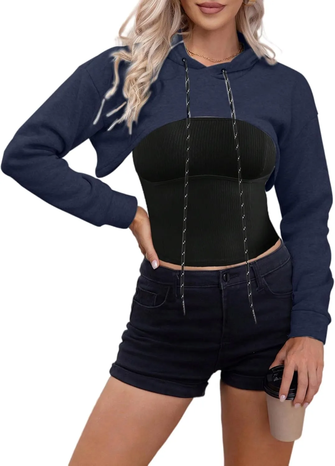 Remidoo Women Super Crop Top Pullover Sweatshirt Long Sleeve Drawstring Hoodie