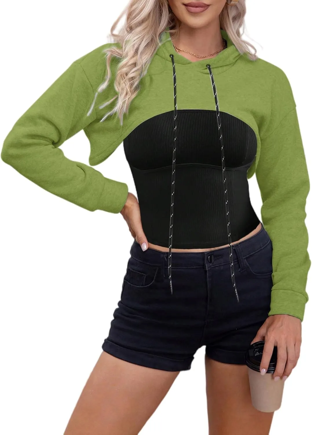 Remidoo Women Super Crop Top Pullover Sweatshirt Long Sleeve Drawstring Hoodie