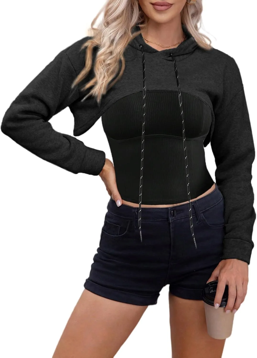 Remidoo Women Super Crop Top Pullover Sweatshirt Long Sleeve Drawstring Hoodie