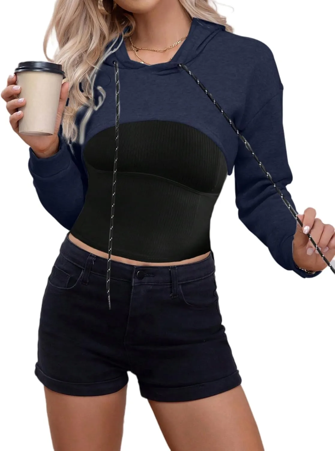 Remidoo Women Super Crop Top Pullover Sweatshirt Long Sleeve Drawstring Hoodie