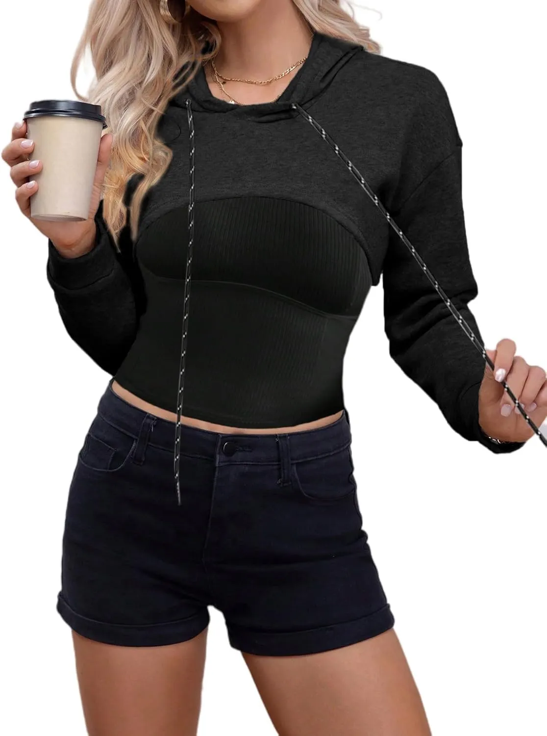 Remidoo Women Super Crop Top Pullover Sweatshirt Long Sleeve Drawstring Hoodie