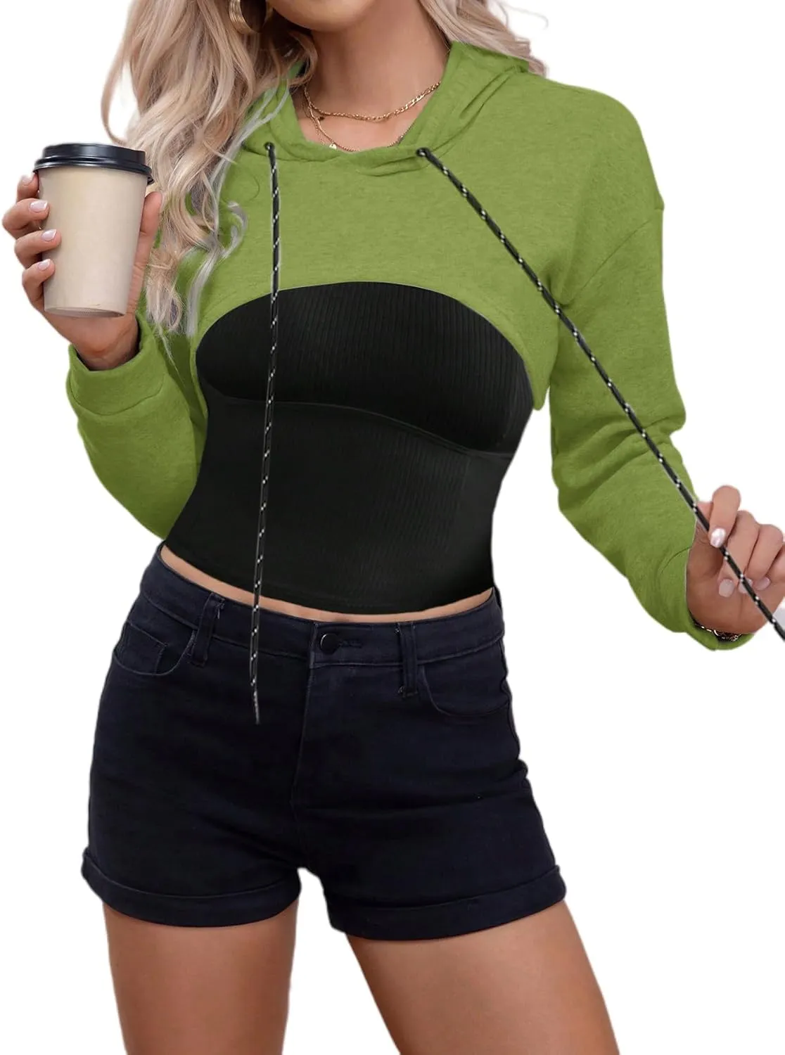 Remidoo Women Super Crop Top Pullover Sweatshirt Long Sleeve Drawstring Hoodie