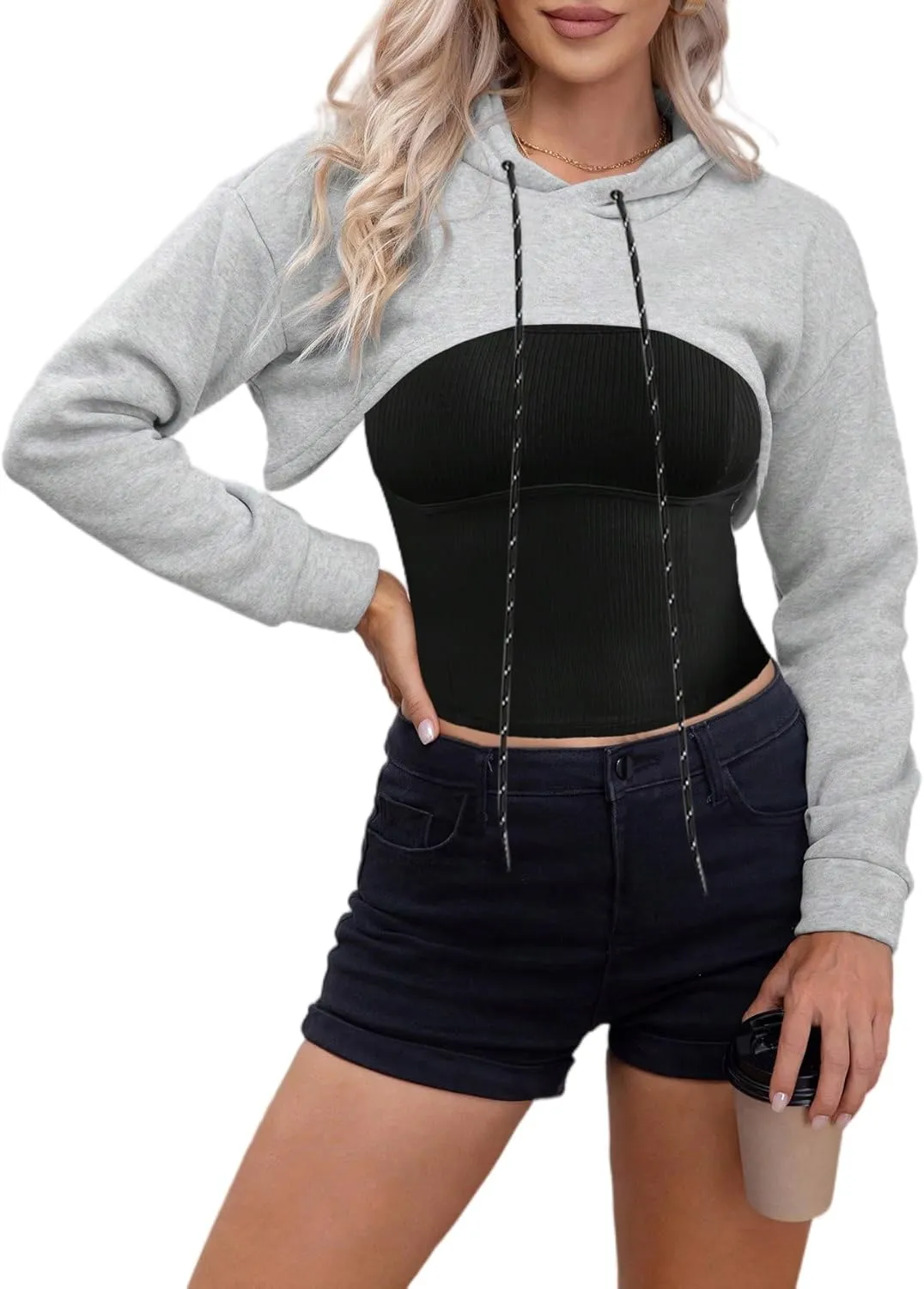 Remidoo Women Super Crop Top Pullover Sweatshirt Long Sleeve Drawstring Hoodie
