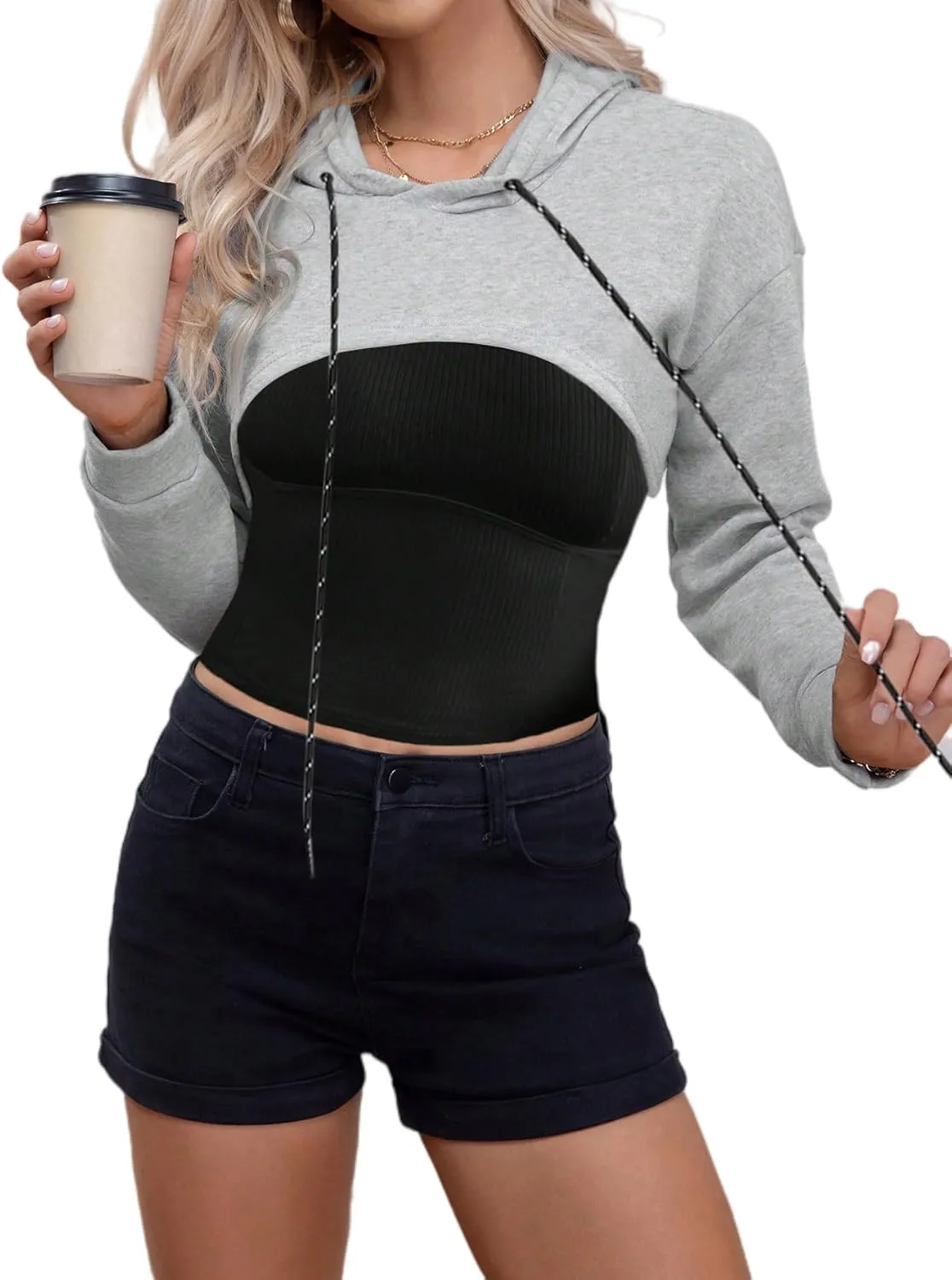 Remidoo Women Super Crop Top Pullover Sweatshirt Long Sleeve Drawstring Hoodie