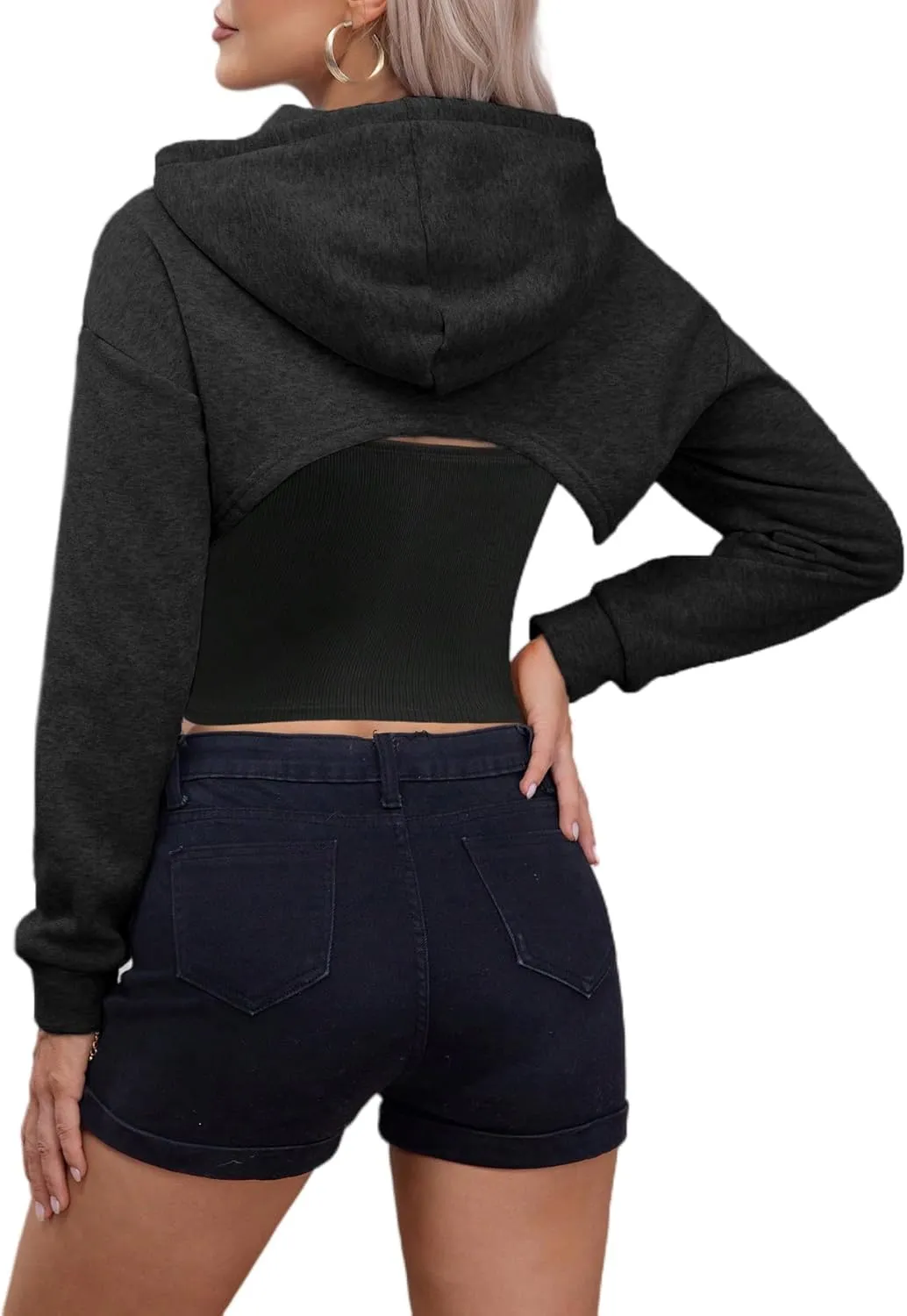 Remidoo Women Super Crop Top Pullover Sweatshirt Long Sleeve Drawstring Hoodie