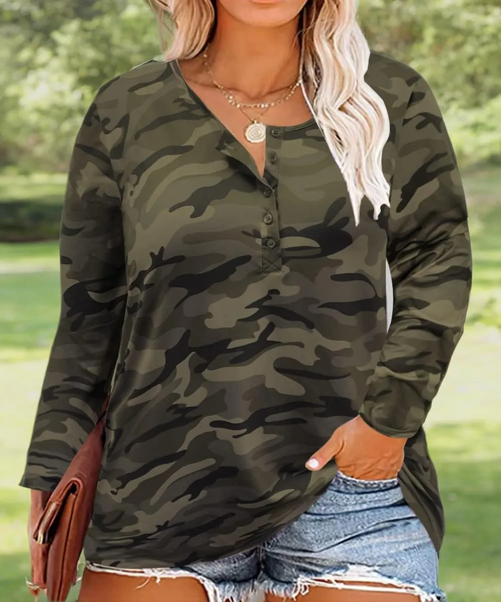 RITERA Plus Size Tops for Women Oversized Shirt Long Sleeve Crewneck Button Pullover Henley Tshirt