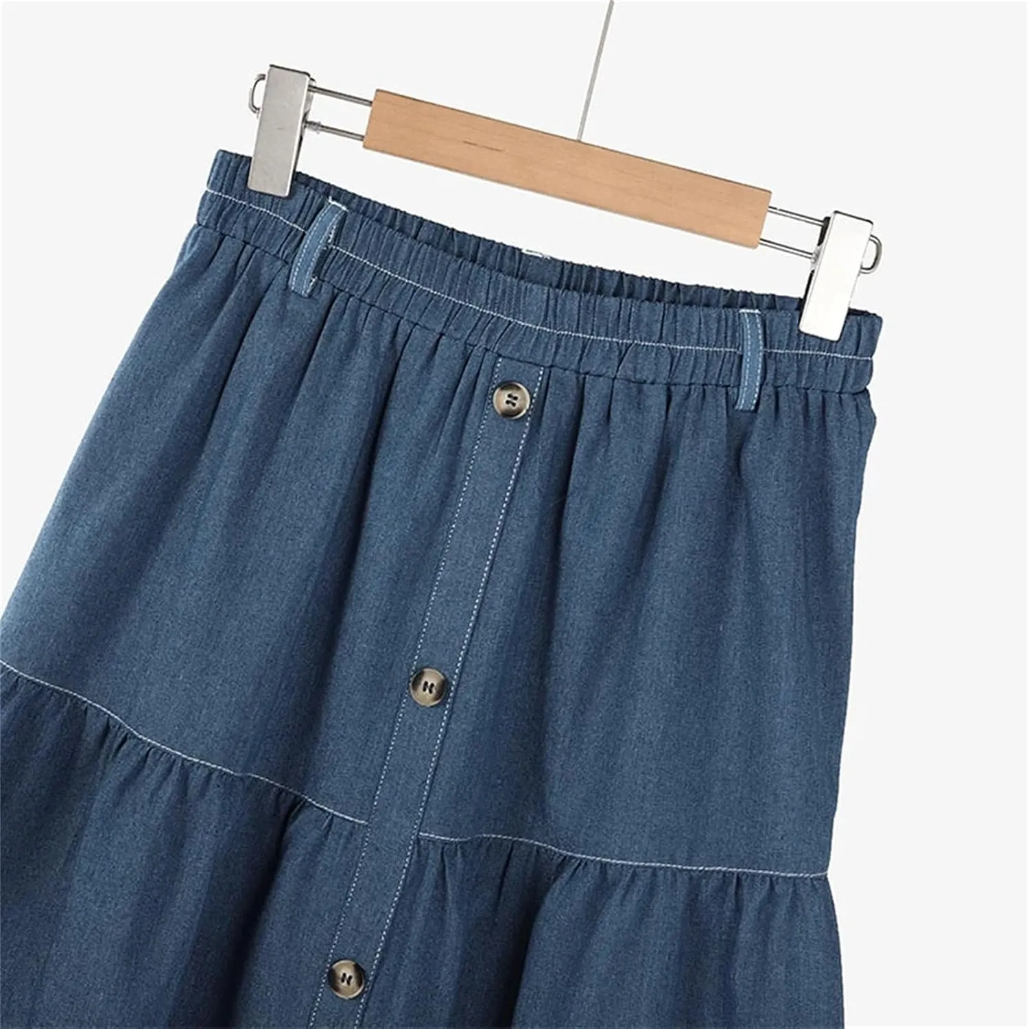 SaoBiiu Women Elastic Waist Denim Skirts Casual Loose Solid A-Line Skirts