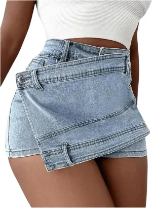 SHENHE Women's Vintage Mini Denim Skorts Wrap Overlay Irregular Stretchy Cargo Shorts
