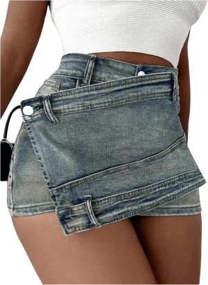 SHENHE Women's Vintage Mini Denim Skorts Wrap Overlay Irregular Stretchy Cargo Shorts