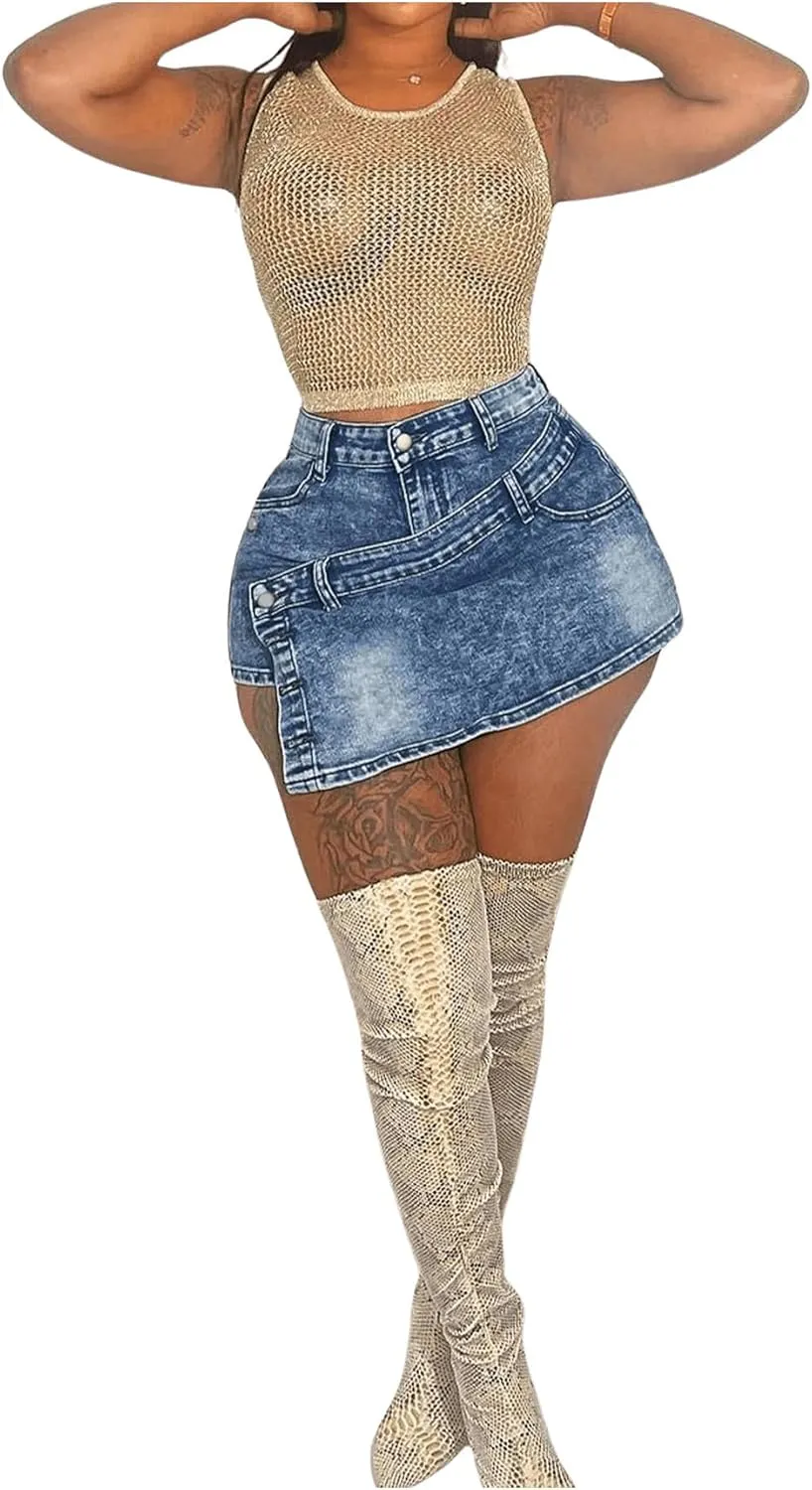 SHENHE Women's Y2K Rave Vintage Button Wrap Asymmetrical Hem Cargo Mini Denim Skort
