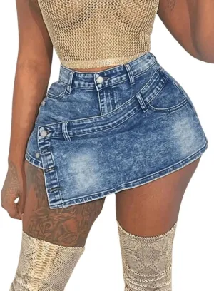 SHENHE Women's Y2K Rave Vintage Button Wrap Asymmetrical Hem Cargo Mini Denim Skort